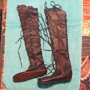 Gipsy Darma Dark Chocolate Brown Leather Lace-Up Knee-High Boots